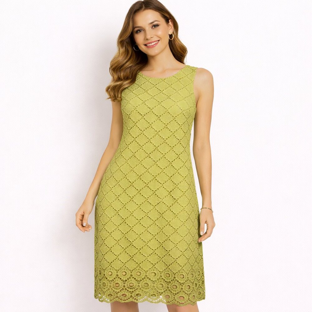 Talbots Green Sheath Midi Dress Eyelet lined Scalloped Hem Size 14